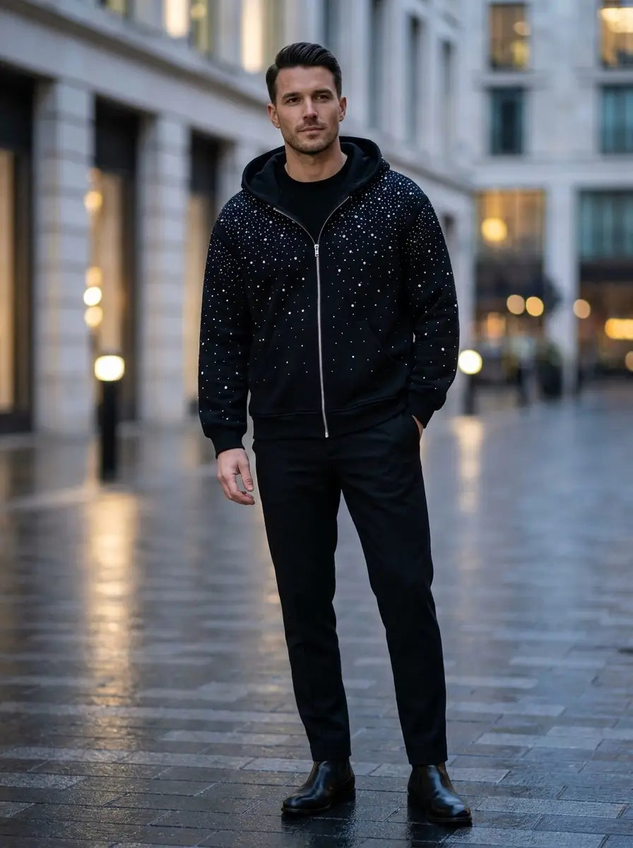 Homme portant la veste à strass EYDIZ noire dans une rue au crépuscule